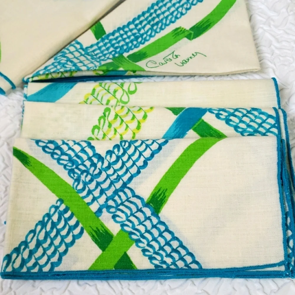 Carleton Varney Designer Vintage Napkins Set 12 White Turquoise Green Square